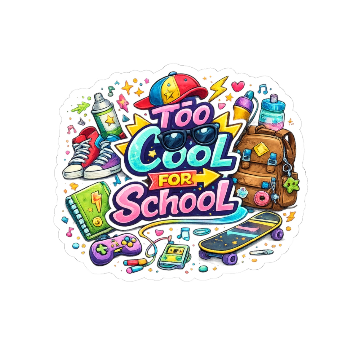 Too Cool for School Kiss-Cut Sticker — Colorful Back-to-School Laptop Decal